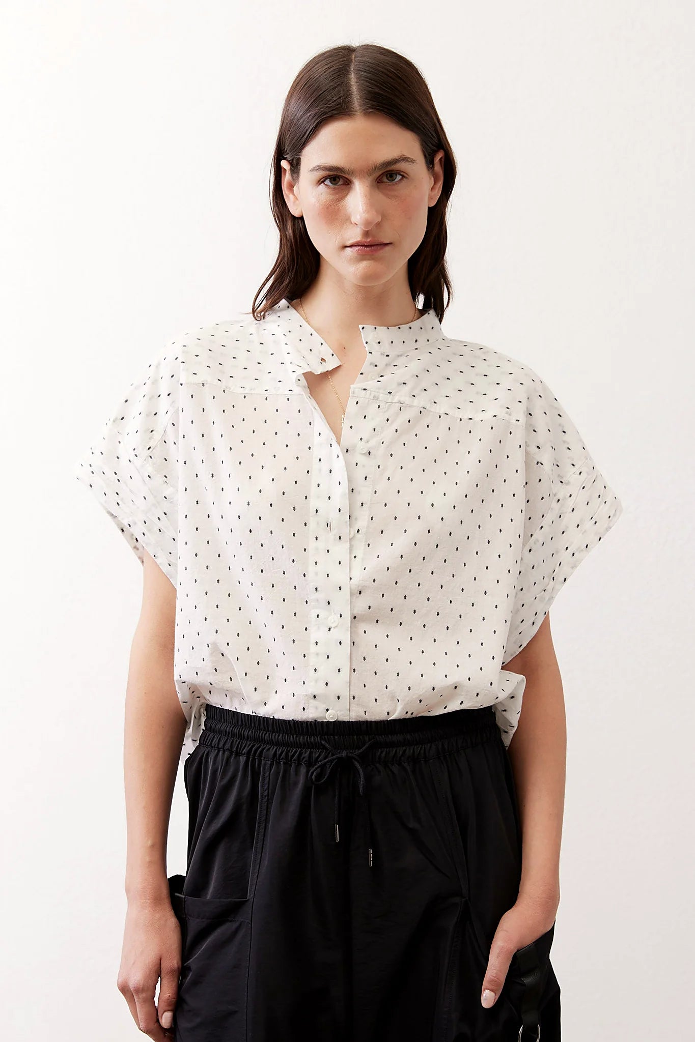 Dotted cropped button-down shirt, front view