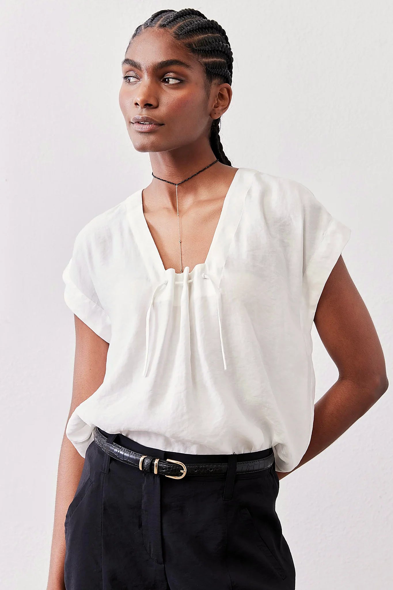 White poplin top with a tie neckline, front view