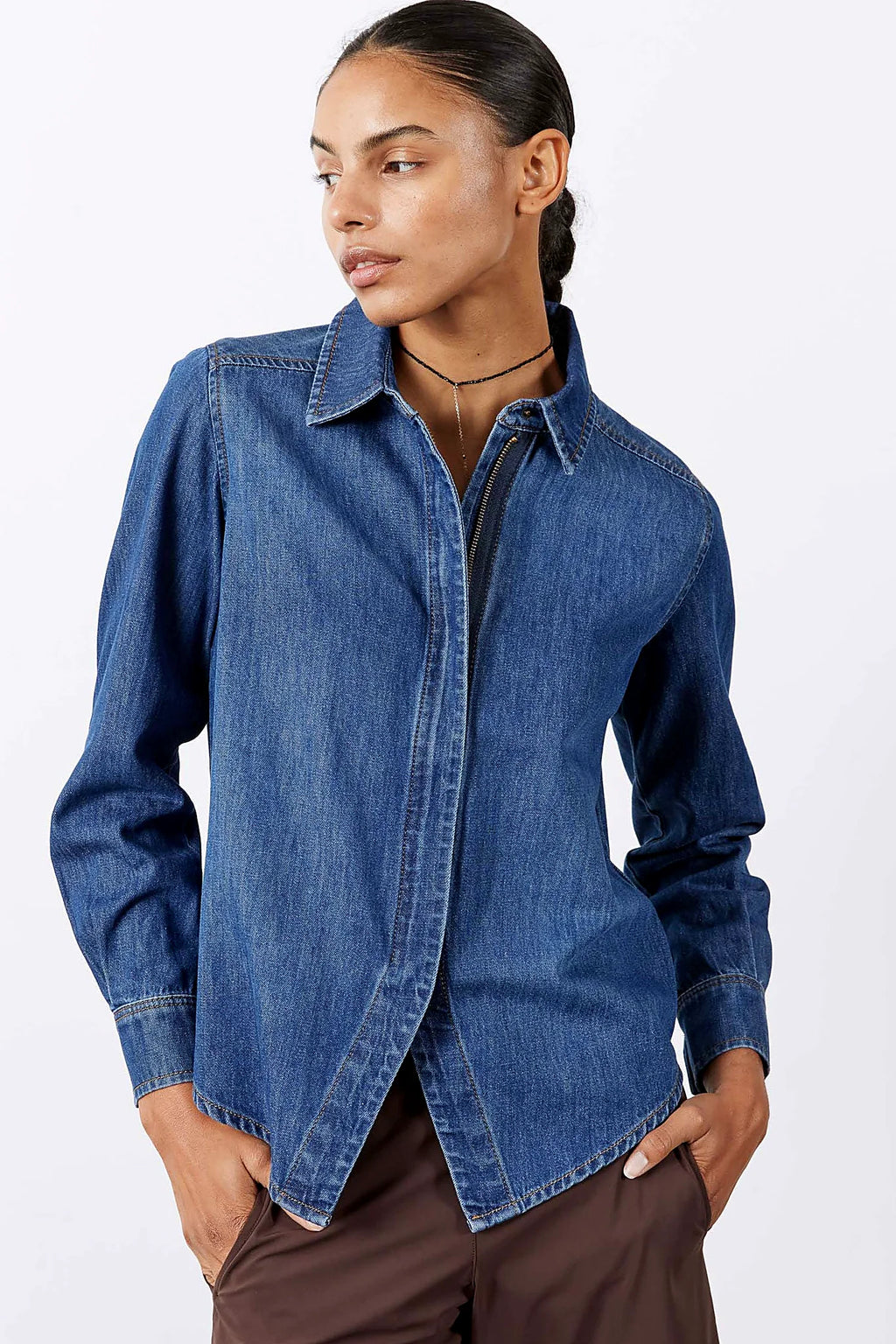 Medium wash denim blouse, front view