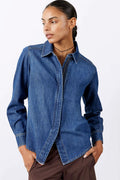 Medium wash denim blouse, front view