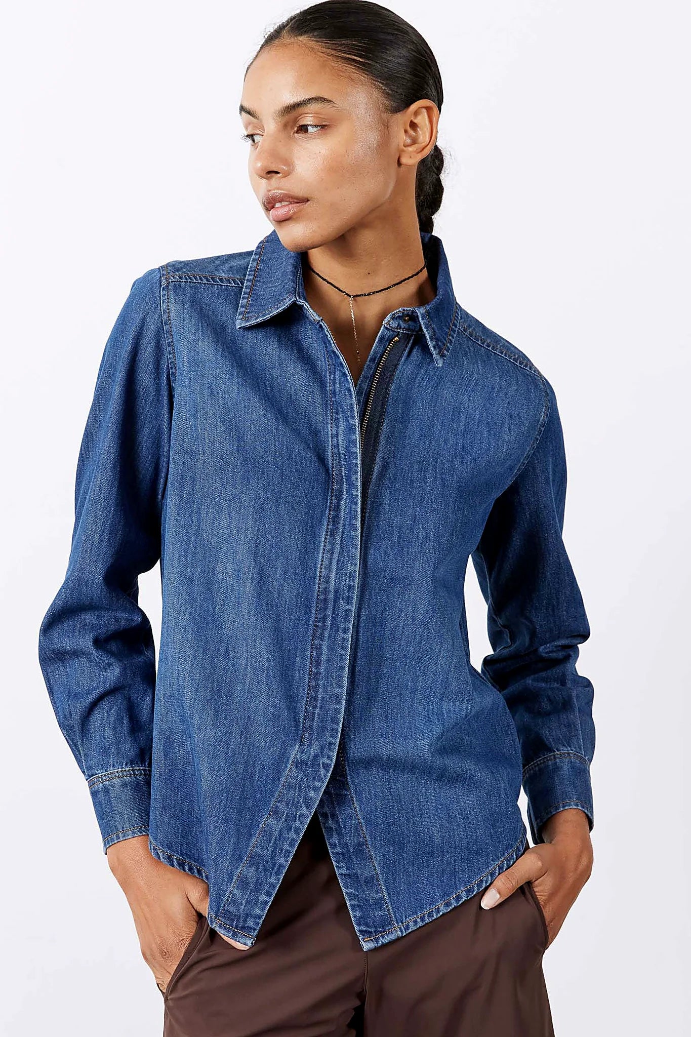 Medium wash denim blouse, front view