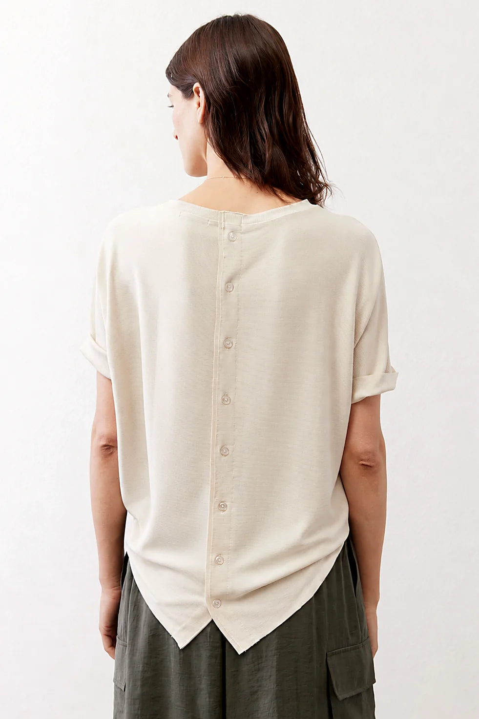 Pale knit top with short sleeves, front view