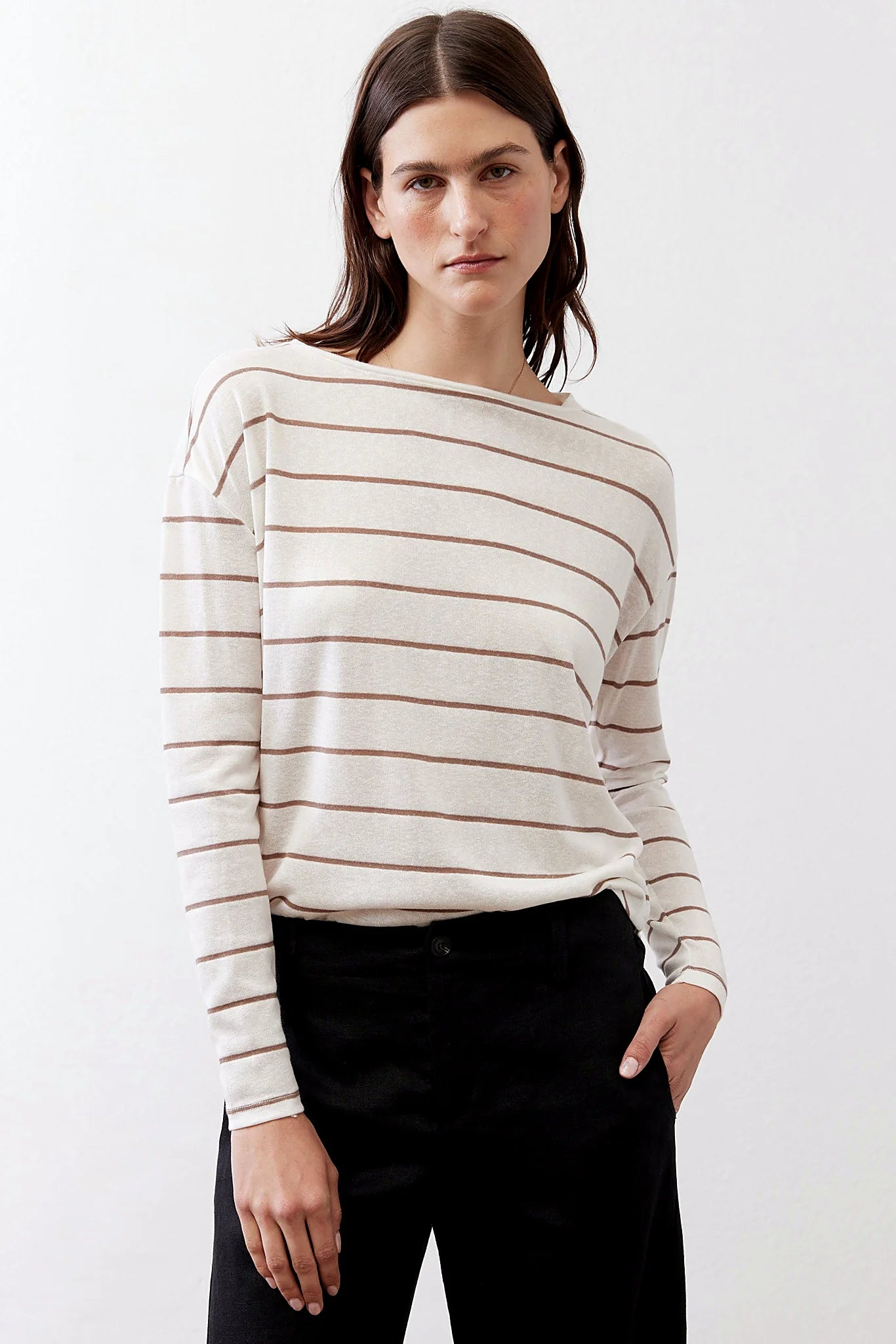 Striped knit top with a wide boat neckline, shown from the front
