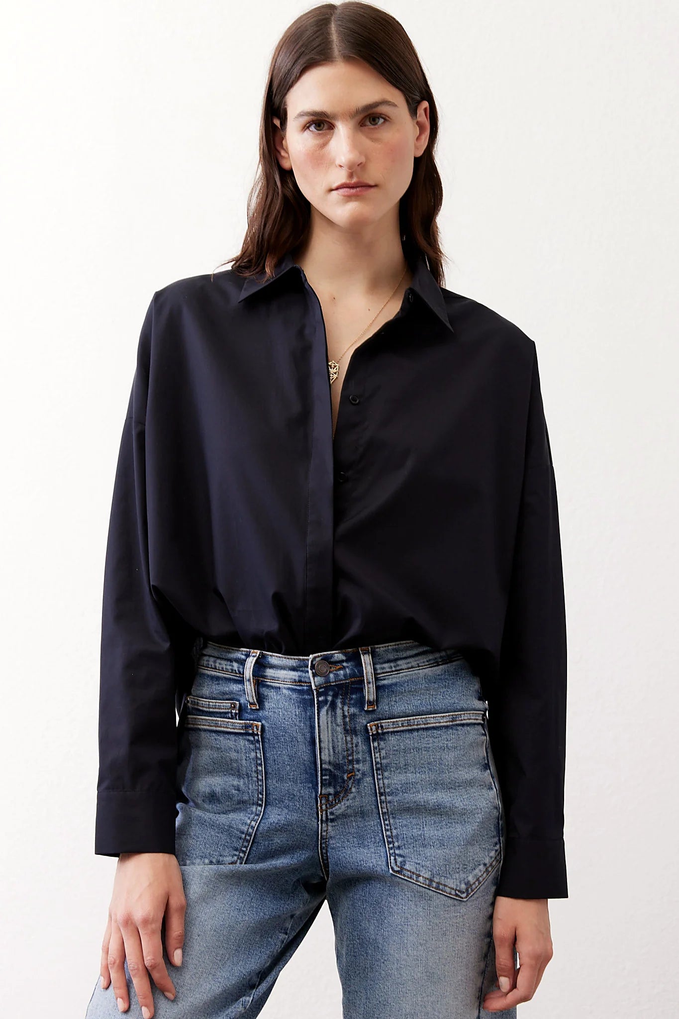 Black oversized tunic top, front view