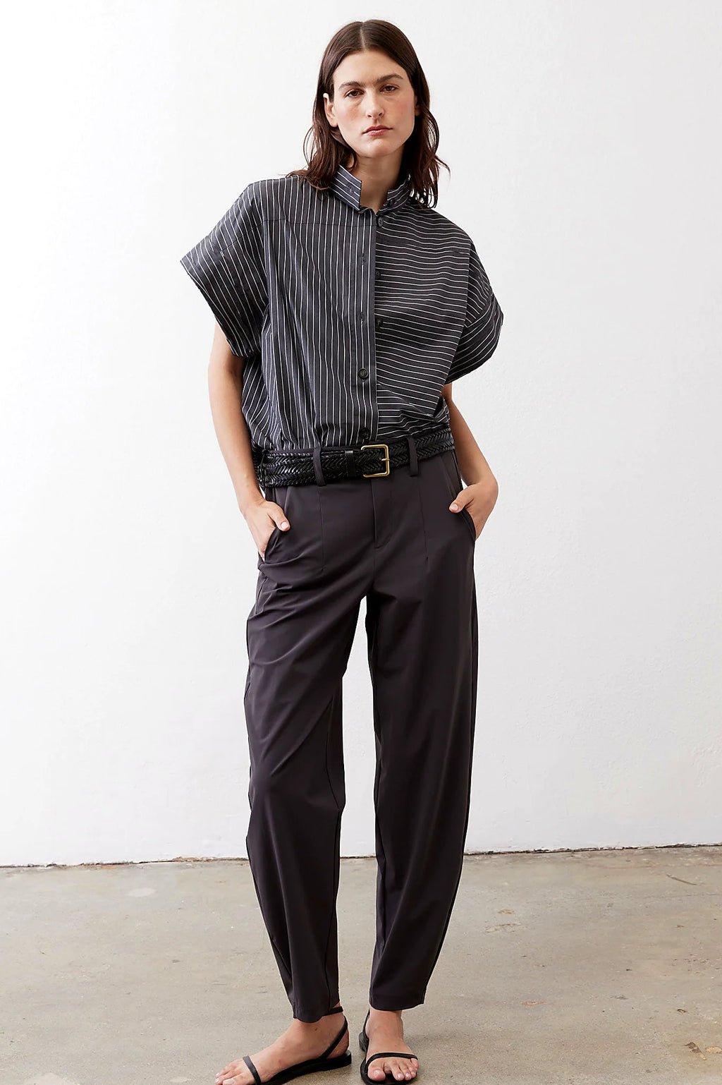 Pinstripe cropped button-down blouse, front view