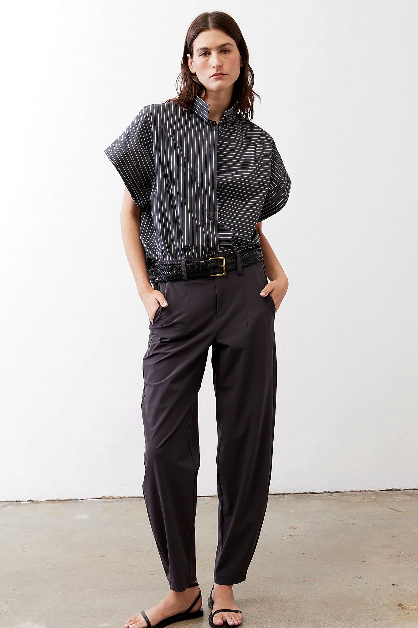 Pinstripe cropped button-down blouse, front view