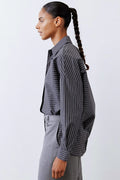 Grey and white striped oversized shirt, front view