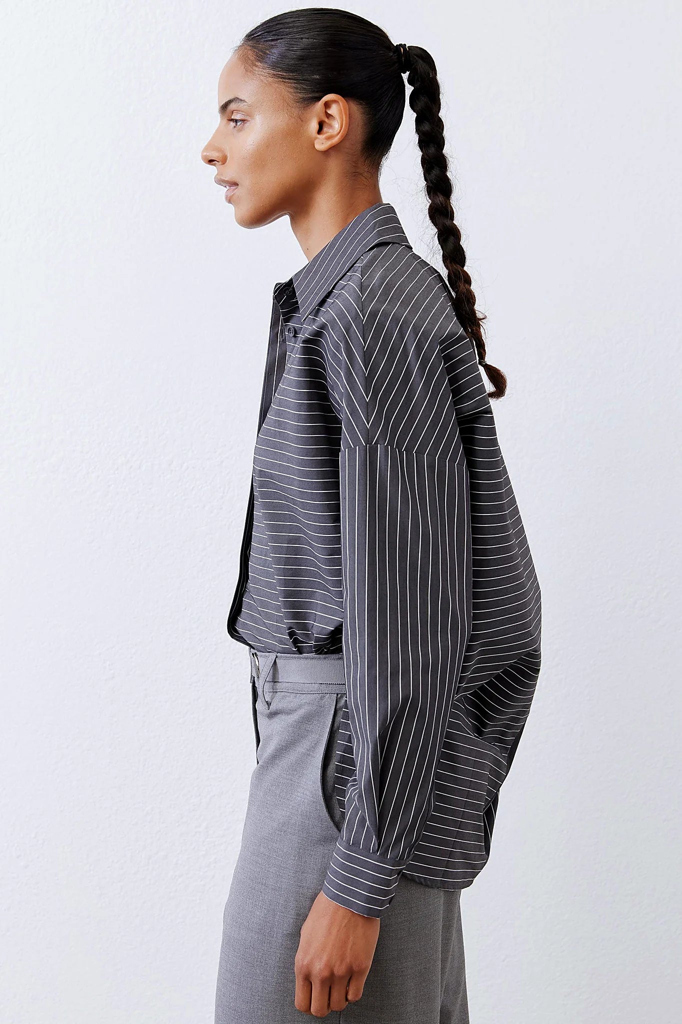 Grey and white striped oversized shirt, front view
