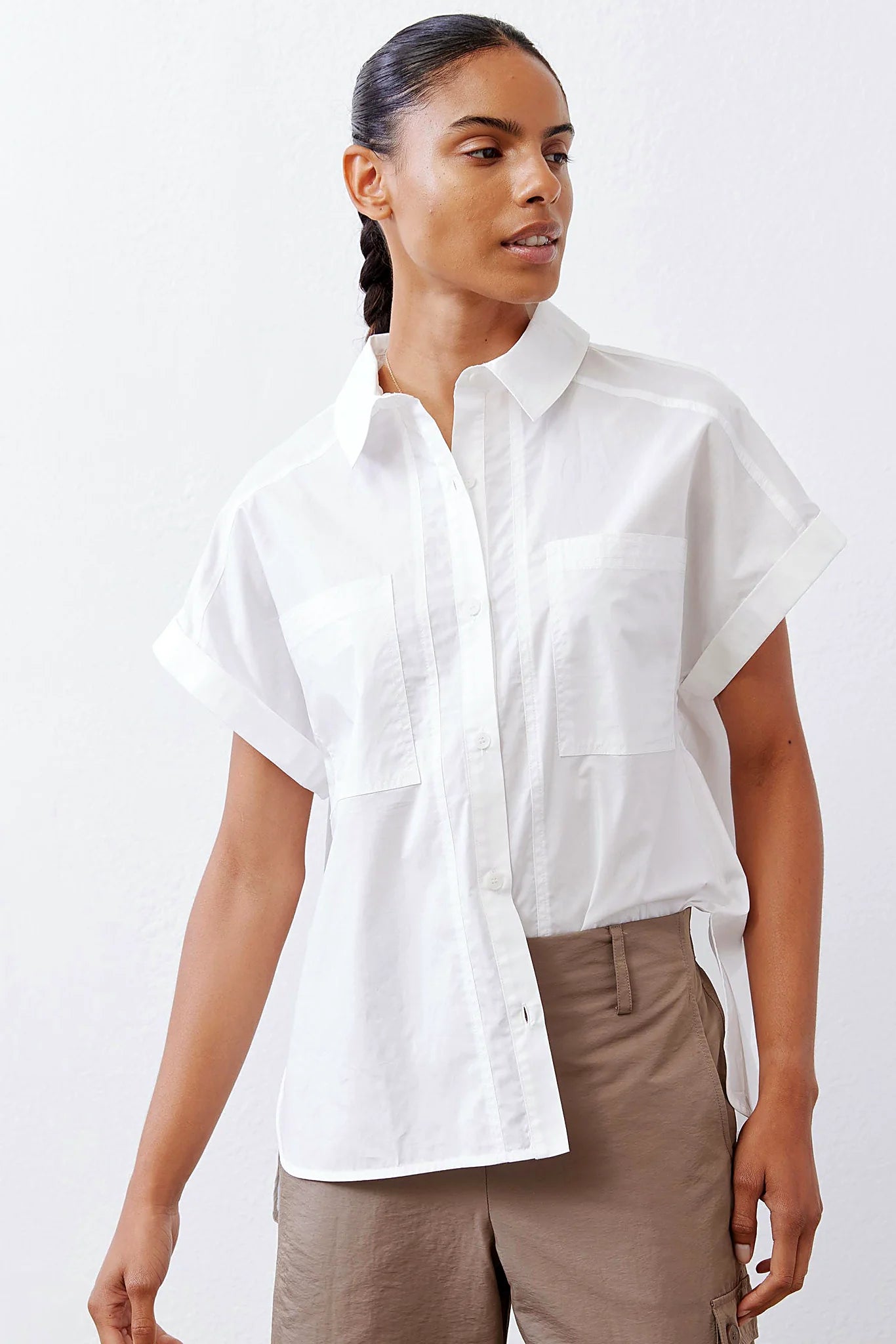 White poplin button-down shirt, front view
