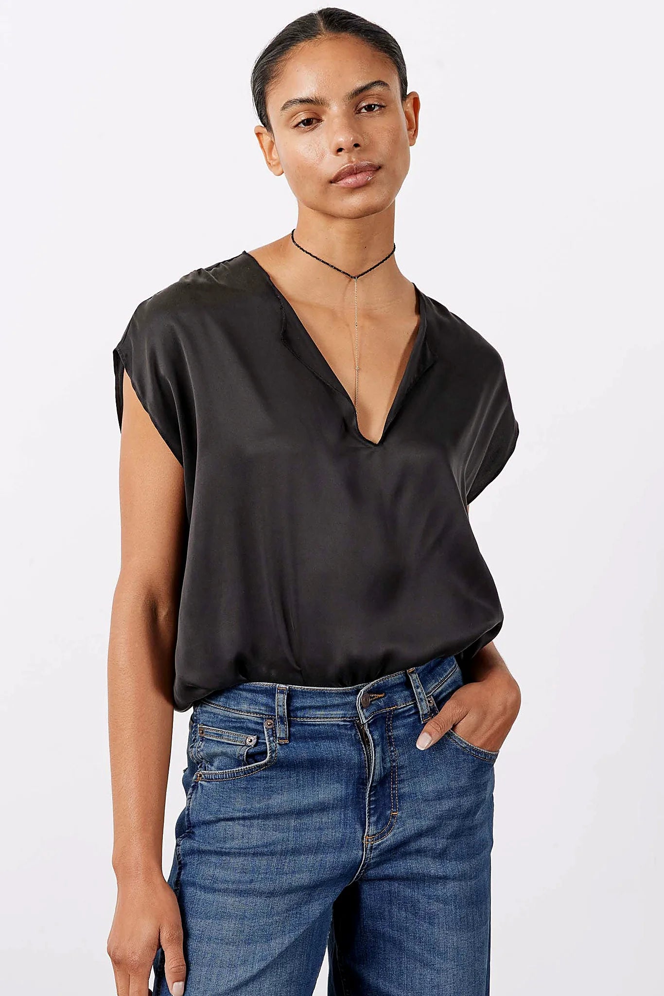 Black washable silk top, front view