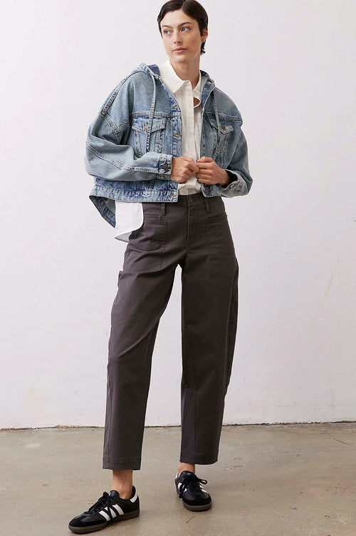 Cropped denim jacket in a washed blue, front view