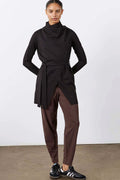 Black jacket worn draped open, front view