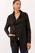 Black drape jacket worn open, front view
