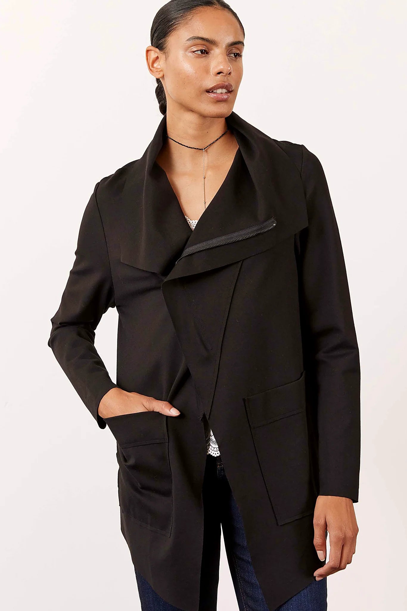 Black drape jacket worn open, front view