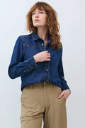 Medium wash denim shirt, front view