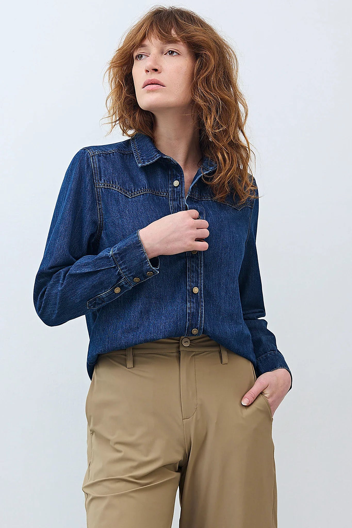 Medium wash denim shirt, front view