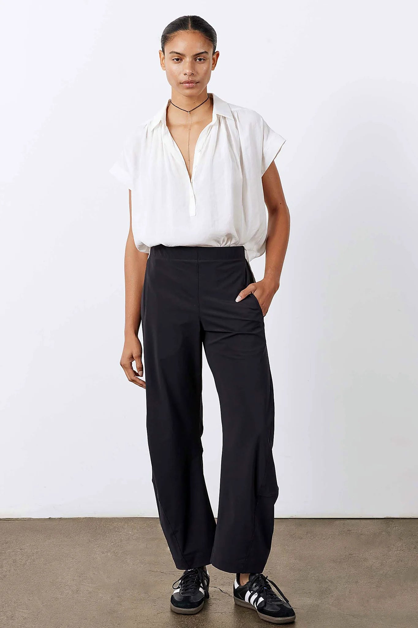Black barrel-leg work trousers, front view