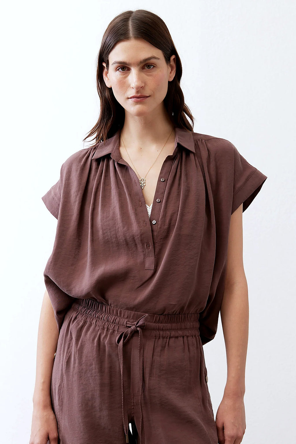 Deep brown oversized voile blouse, front view