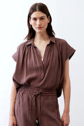 Deep brown oversized voile blouse, front view