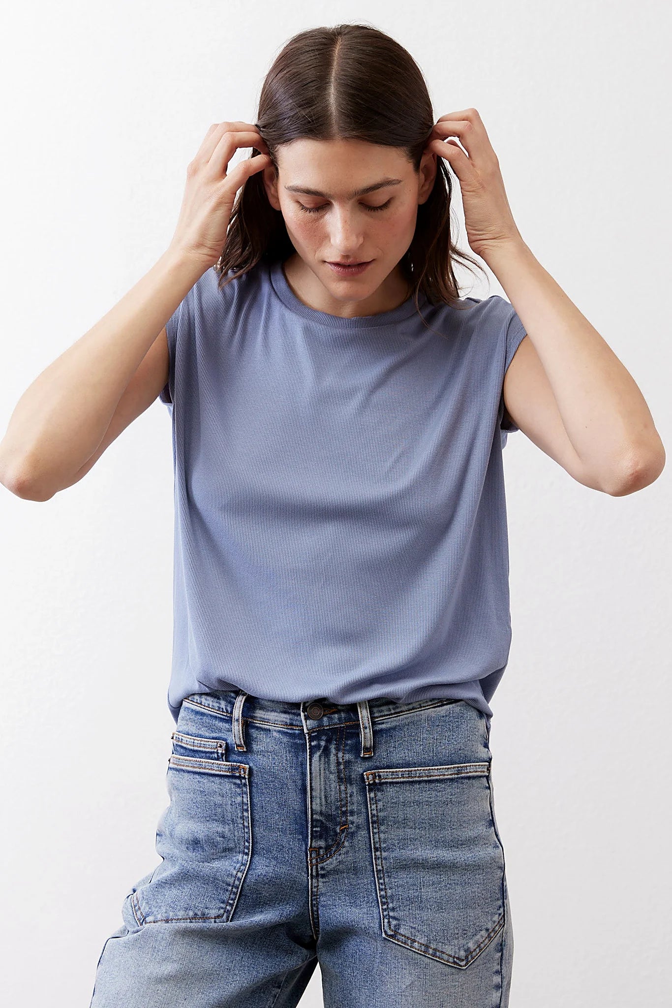 Ribbed knit tee in a soft blue, front view