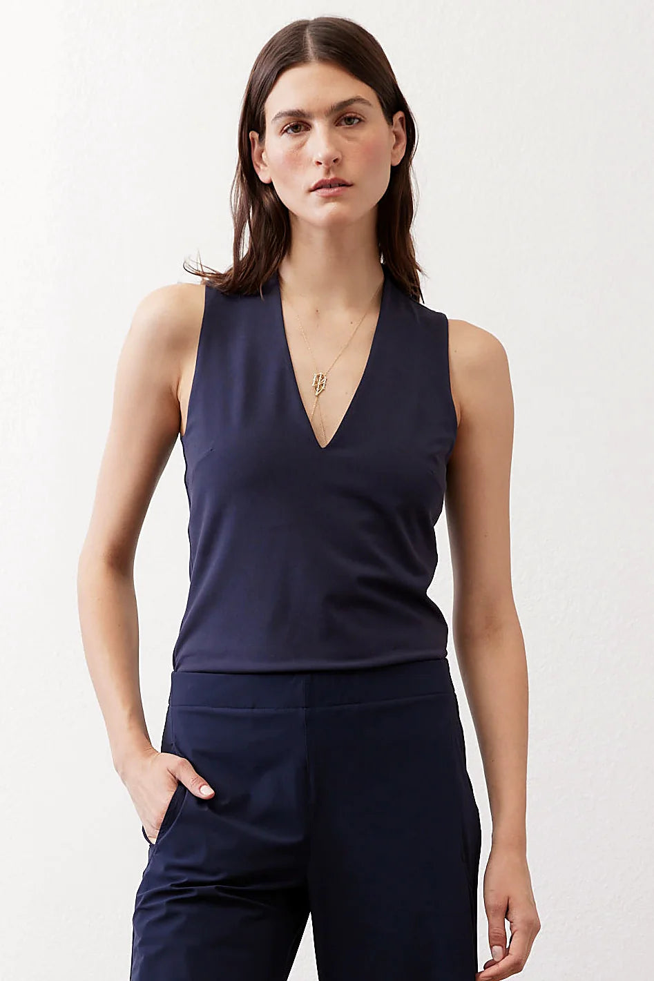 Deep blue V-neck tank, front view