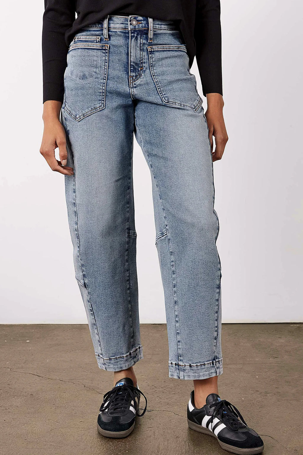 Vintage wash jeans with a tapered leg, front view
