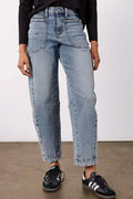 Vintage wash jeans with a tapered leg, front view