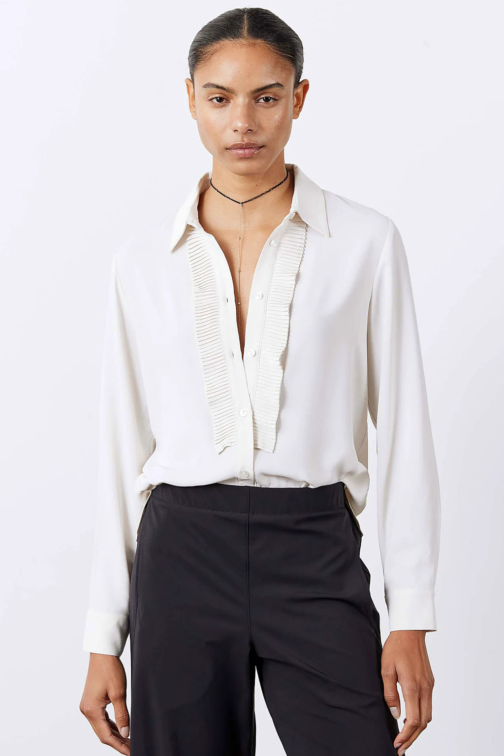 Off white tuxedo-inspired blouse, front view