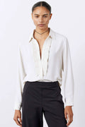 Off white tuxedo-inspired blouse, front view