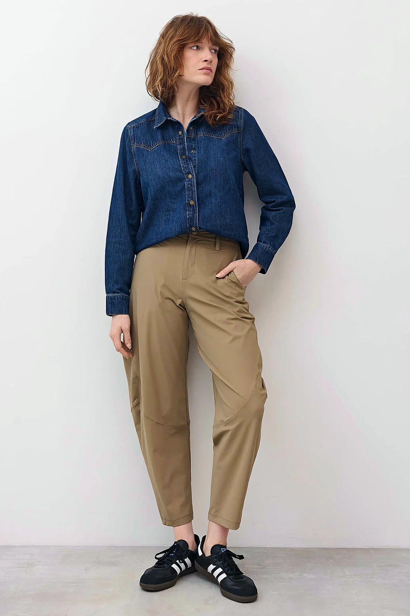 Sand beige wide-leg trousers, front view