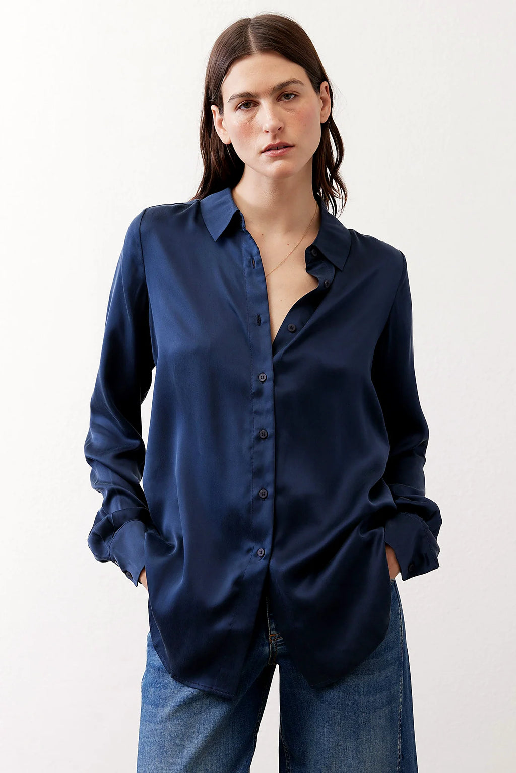 Deep blue washable silk shirt, front view
