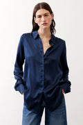 Deep blue washable silk shirt, front view